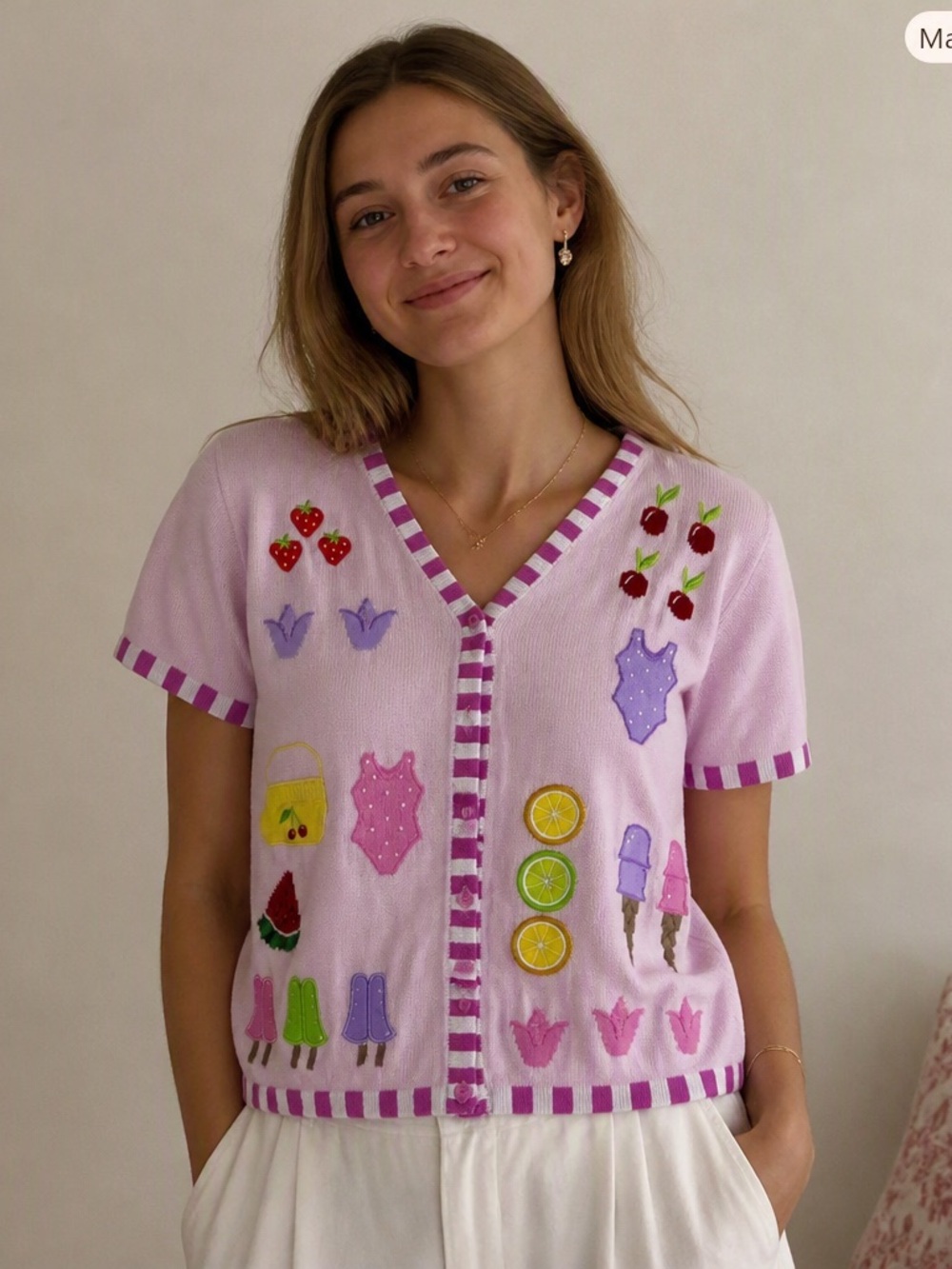 Quacker Factory Lavender Short-Sleeve V-Neck Cardigan with Colorful Appliqués